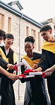 Graduation, solidarity or friends on campus with certificates, victory or college success at farewell event. Happy, people or students with clap, university milestone or unity at diploma ceremony.