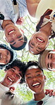 Face, friends and college student with circle on campus, education support and solidarity for scholarship. Laughing, portrait and happy people with collaboration for learning goals, outdoor and below