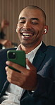 Laughing, phone and video call with business man in airport for communication, response or travel. App, conversation and virtual meeting with funny employee in departure lounge for online chatting