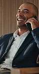 Happy, businessman or laughing with phone call in lodge for communication or conversation. Male person, employee or talking with smile or smartphone for funny joke, humor or chat in waiting lounge