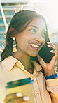 Happy, phone call and businesswoman with coffee in city for finance negotiation or connection. Cellphone, walking and financial manager with warm beverage on mobile discussion for investment feedback