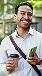 Businessman, dancing and phone with earphones in city for music, audio streaming or podcast. Excited, male person or listening with smile or coffee for sound app, energy or good vibe in an urban town
