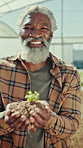 Black man, sprout and face with soil in greenhouse for confidence, sustainability or food production. Mature person, dirt and happy with farming, organic seedling and portrait with plants in Nigeria