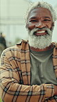 Face, laugh or black man in greenhouse with arms crossed, pride or experience in agriculture industry. Portrait, happy or mature farmer with confidence, career or production in sustainable business.