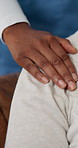 Nurse, support and hands in house with comfort, understanding or empathy in assisted living. Compassion, security or caregiver with shoulder touch, patient sympathy and connection in lounge.