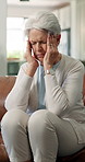 Headache, fatigue and elderly woman in house with stress, massage and symptoms for high blood pressure. Tired, senior person and pain in home with health issue, crisis and migraine for hypertension.