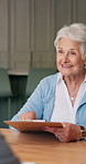 Survey, discussion or old woman in house with clipboard, questions or feedback session on retirement care. Happy, explain or senior person with checklist, participant notes or evaluation of homecare.