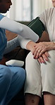Nurse, exam and blood pressure machine with elderly patient for medical results or checkup. Female person, caregiver or hands with arm strap for monitoring health or senior care in retirement home