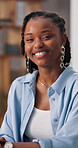 Face, entrepreneur and woman with smile for startup, professional and confidence for business growth. Portrait, owner and black person with ambition for company development, pride and about us