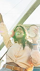 Commute, dancing or businesswoman in city with coffee cup, job promotion or positive attitude in morning. Travel, flare or employee with low angle, happy energy or work opportunity at start of day.
