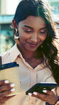 Coffee, typing and businesswoman with phone in city with texting, networking or communication on app. Happy, reading and female employee with warm beverage and cellphone for email for contact in town