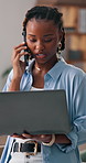 Logistics, laptop and woman with phone call in small business for order enquiry, pricing or feedback. Shipping, black person and mobile contact for delivery schedule, parcel invoice and confirmation