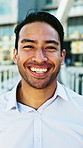 Happy, professional and face of businessman in city with confidence for finance career with about us. Smile, laugh and portrait of male financial manager with pride for job opportunity in urban town.