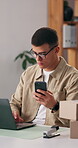 Dropshipping, laptop and man with phone in small business, serious or planning for shipment delivery. Online shop, order and person with tech for stock inventory, logistics and check sales on website