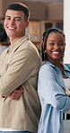 Logistic, face or people in office with arms crossed, positive attitude or teamwork in shipping industry. Collaboration, portrait or suppliers with laugh, confidence or partnership in courier service