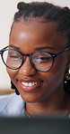 Creative, glasses and happy woman with laptop in office, copywriting and editing article on website. Black person, smile and copywriter with tech for assignment, email marketing or review ad campaign