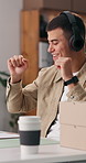 Boxes, dance and man with headphones for supply chain, courier service and logistics business. Happy, startup and person with music, audio and radio for shipping, distribution and ecommerce order
