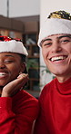 Face, couple and vlog in home with Christmas, speaking and bonding together for holiday tradition. POV, recording video and people with interracial relationship, talk and social media post for xmas.