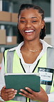 Distribution, face and black woman in warehouse, tablet for online checklist and report for manufacturing. Person, supply chain and employee in workplace, tech for quality assurance and digital app