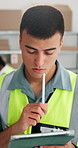 Thinking, logistics and man in warehouse, tablet for online checklist and report for manufacturing. Reflection, solution and person in workplace, tech for quality assurance and app for distribution