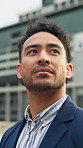 Businessman, smile and thinking in city with rain, reflection or inspiration for property development. Person, real estate agent and insight for perspective, happy or inspection for buildings in town