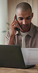 Office, phone call and businessman with document, laptop and discussion for financial advice on web. Wealth manager, online and happy person with mobile for chat, risk management or investment review
