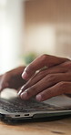 Hands, laptop and typing with project in office, editing and graphic design career at creative company. Person, computer and review for proposal, feedback and web development report at digital agency