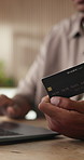 Hands, credit card and laptop at office with online shopping, fintech and easy transaction. Person, budget and payroll manager for e commerce, bills and computer for customer experience at agency