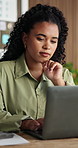 Thinking, businesswoman and typing with laptop in office, legal assistant and ideas for case on web. Law firm, paralegal and person with tech for trial preparation, planning and decision for project