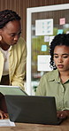 Discussion, manager or employee with tech in agency, review proposal or tips for website development. Advice, project guidance or women with laptop for web design plan, prototype feedback or tablet 