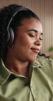 Streaming, headphones or woman in office with dancing, song connection or listening to music playlist. Rhythm, happy or person in agency with tech, feeling beat or radio subscription on audio app.