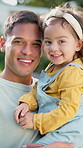 Happy, backyard and face of dad with child pointing for photo for memory, bonding and weekend. Family, smile and portrait of father with girl outdoor for relationship, connection and love together
