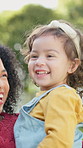 Park, mother and girl with smile, funny and bonding together with vacation, youth and laughing. Family, mama and daughter with happiness, child and parent with growth development, humor and playing