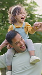Outdoor, father and girl with smile, piggyback and bonding together with holiday, family and funny. Laugh, dad and daughter with happiness, care and playing with growth development, kid and humor