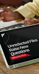 Hands, person and meeting with tablet screen in office for breaking news, unredacted files and disclosure. Team, digital or media headline for classified information, credibility question and inquiry