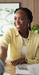 Happy woman, business and meeting with handshake for agreement or onboarding project in office. Excited, female person or shaking hands with clients or documents for company contract in workplace
