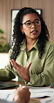 Business, woman and talking with staff in meeting for planning, finance documents and statistics. People, discussion and paperwork with data analysis, financial metrics and ideas for funding proposal