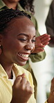 Celebration, fist pump and success with business woman in office for reaction to goals or target. Cheering, energy and excited with employee in workplace for achievement, good news or milestone