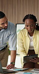 People, discussion and review in office with tablet, design collaboration or advice for web project. Digital designer, team meeting and talk in business with tech, brainstorming and site development.