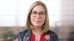 Face, woman and confident in business with glasses, pride and ambition for human resources career. Female person, HR consultant and smile in company with spectacles, job satisfaction and about us.