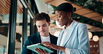 Restaurant, tablet and people with small business growth, planning or digital review. Discussion, strategy and partner with woman for collaboration, advice or online profit on app in coffee shop