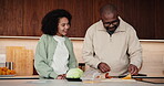 Teaching, father or child in kitchen for meal prep, family bonding or nutrition knowledge development. Learning, smile or African man with girl for lunch help, healthy food or ingredients in home
