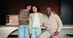 Love, parents and kid in home with face, unity hug or bonding together on weekend break. Portrait, smile or African people with embrace, family connection or happy moment in healthy relationship.