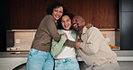 Love, parents and child in home with face, unity hug or bonding together on weekend break. Portrait, smile or African people with embrace, family connection or happy moment in healthy relationship.