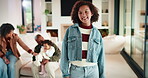 Child, face and smile of girl with family in home living room for bonding, development or growth. Happy, security and weekend in apartment, daughter and relationship with mother, father or sibling
