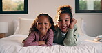 Face, siblings and children in bedroom with love, bonding and smile for connection in home. Happy, portrait and sister relaxing for cozy weekend, morning or holiday with relationship and trust