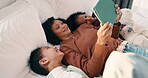 Bonding, mom or children with tablet on bed for online movie, watching film or weekend break. Above, african family or kids with tech in home for streaming series, show review or healthy relationship