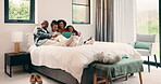 Relax, african family and laugh with tablet on bed for comedy movie, watching film or bonding. Bedroom, happy parents or children with tech in home for funny series, weekend entertainment or support