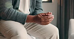 Thinking, nervous and hands with man in bedroom pf home for reflection, perspective and mistake. Mindfulness, planning and doubt with person with anxiety in apartment for stress and mental health 