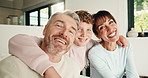 Selfie, smile and face with family in home for social media post, memory and bonding. Love, mobile photography and picture pov with parents and children in house for connection, happy and care